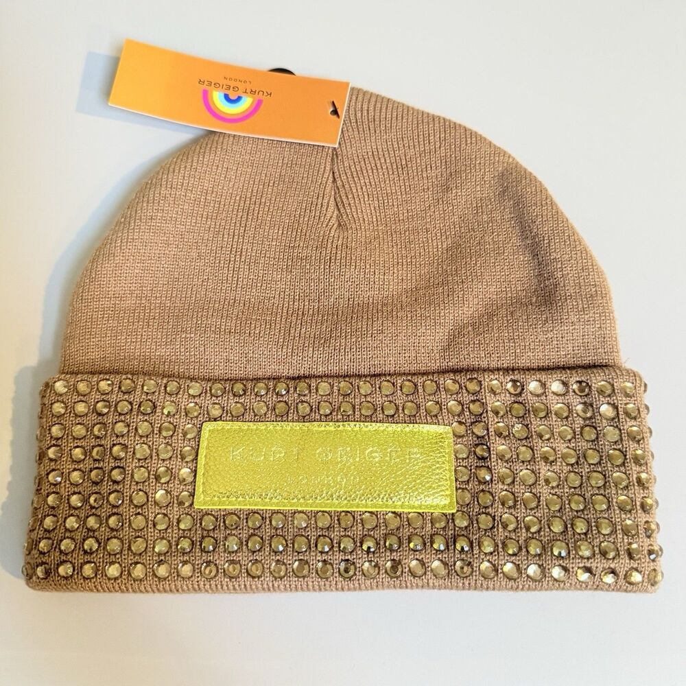 Kurt Geiger London Logo Crystal Cuff Beanie One Size Cocoa Gold Rhinestone NWT